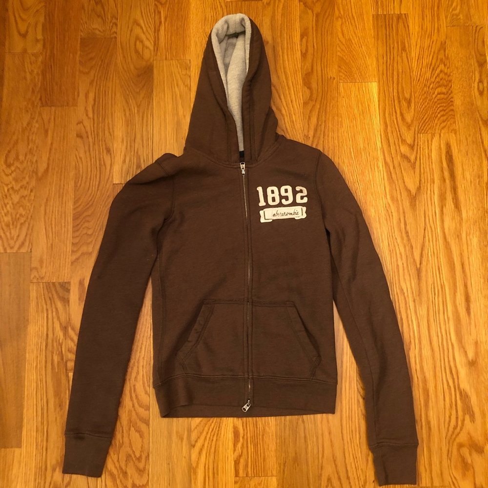 Abercrombie Y2K Kids Brown Gray Waffle Hood Fleece Zipper Hoodie XL